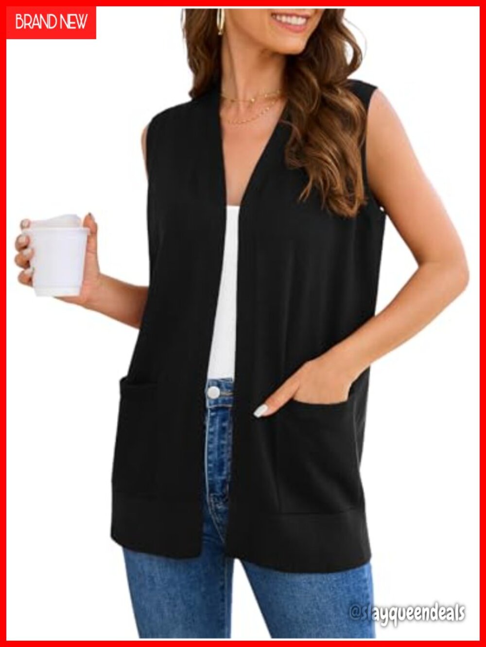 Sleeveless Open Front Cardigan Sweater Vest with Pockets 100% Viscose